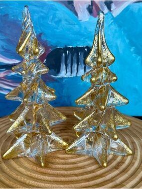 Vintage 2 Hand Crafted Art Crystal Glass Gold Fleck CHRISTMAS TREE Home Decor 9"